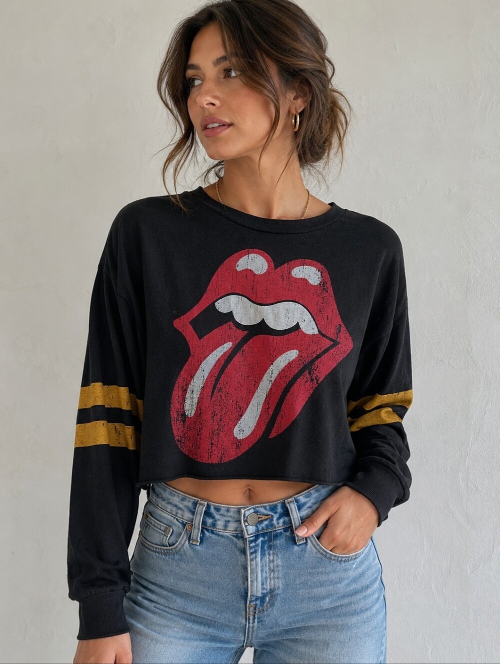 Rolling Stones Black Cropped Tee with Red & White Tongue Graphic